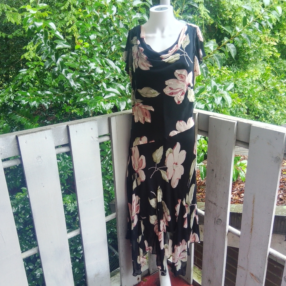 Vintage Y2K 90s Floral Cottagecore  Fairy Chiffon Black midi Dress